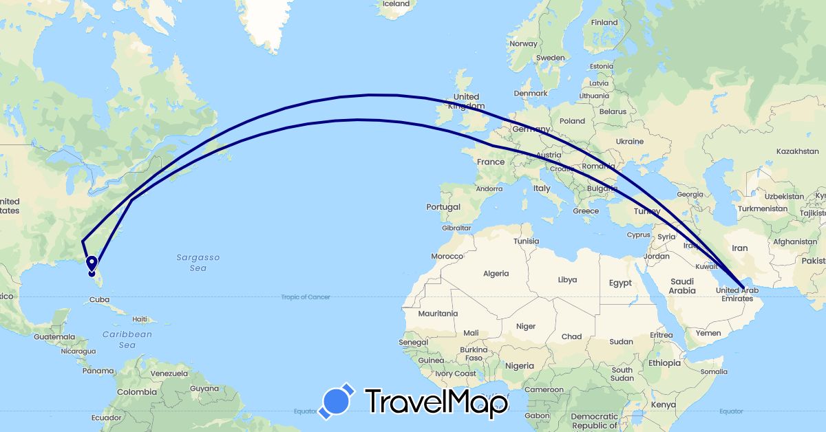 TravelMap itinerary: driving in United Arab Emirates, France, Netherlands, United States (Asia, Europe, North America)